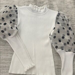 White Top with Sheer Polka Dot Sleeves